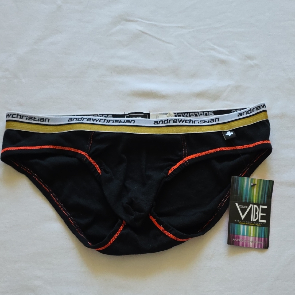 Andrew Christian Black Briefs with Gold and Red Accents